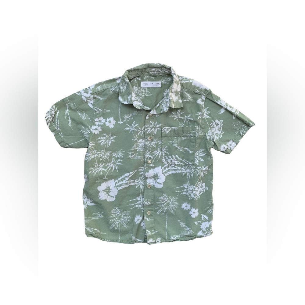 Zara Size 6 Green Tropical Palm Tree Print Button Down Shirt